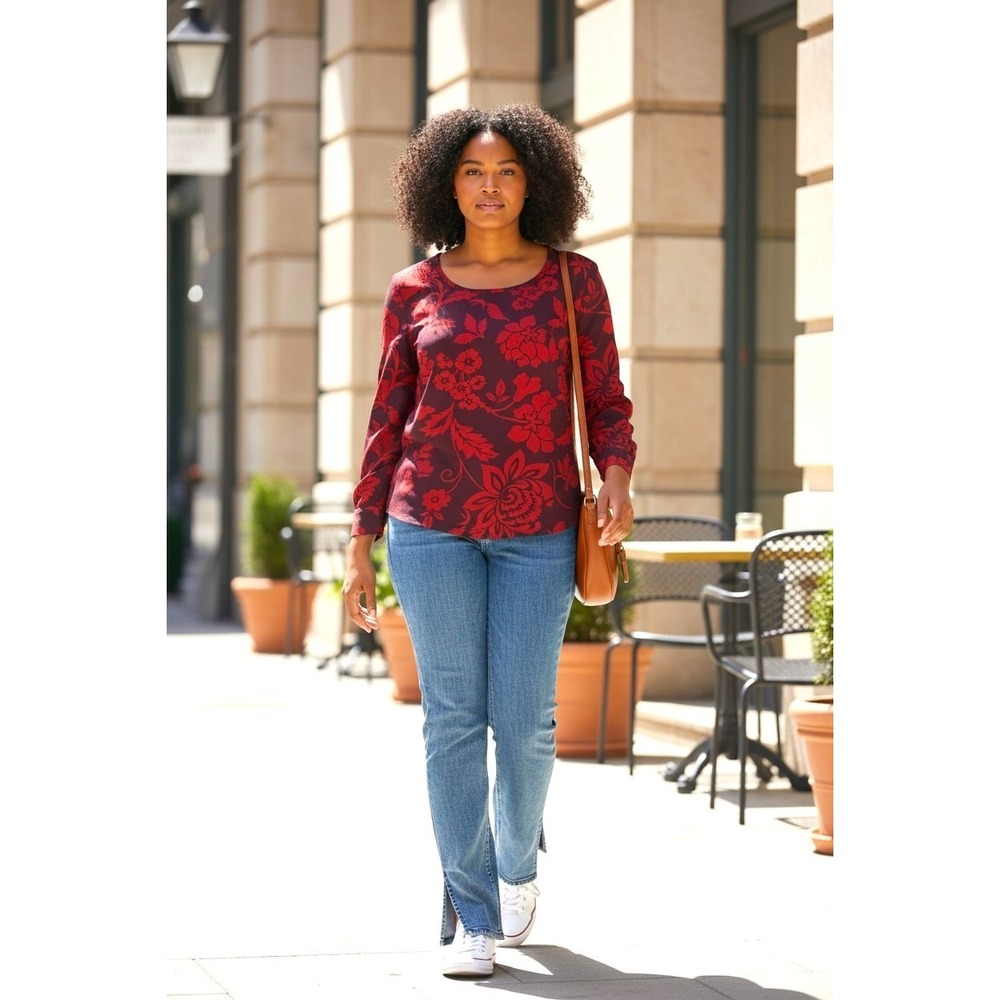 (E-139) d&Co Signature Floral Print Blouse Womens Medium Red Long Sleeve QVC NWT